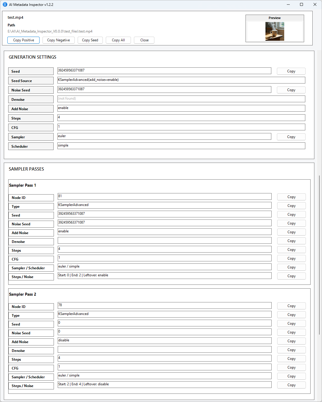 AI Metadata Inspector detailed generation data window